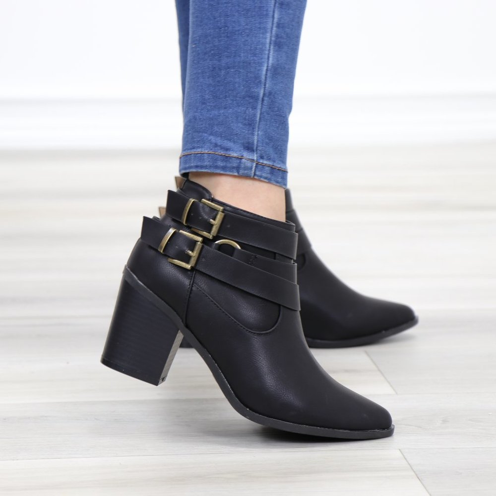 Pointy Toe Black Ankle Boots w/ Buckles - Picture 7 of 12